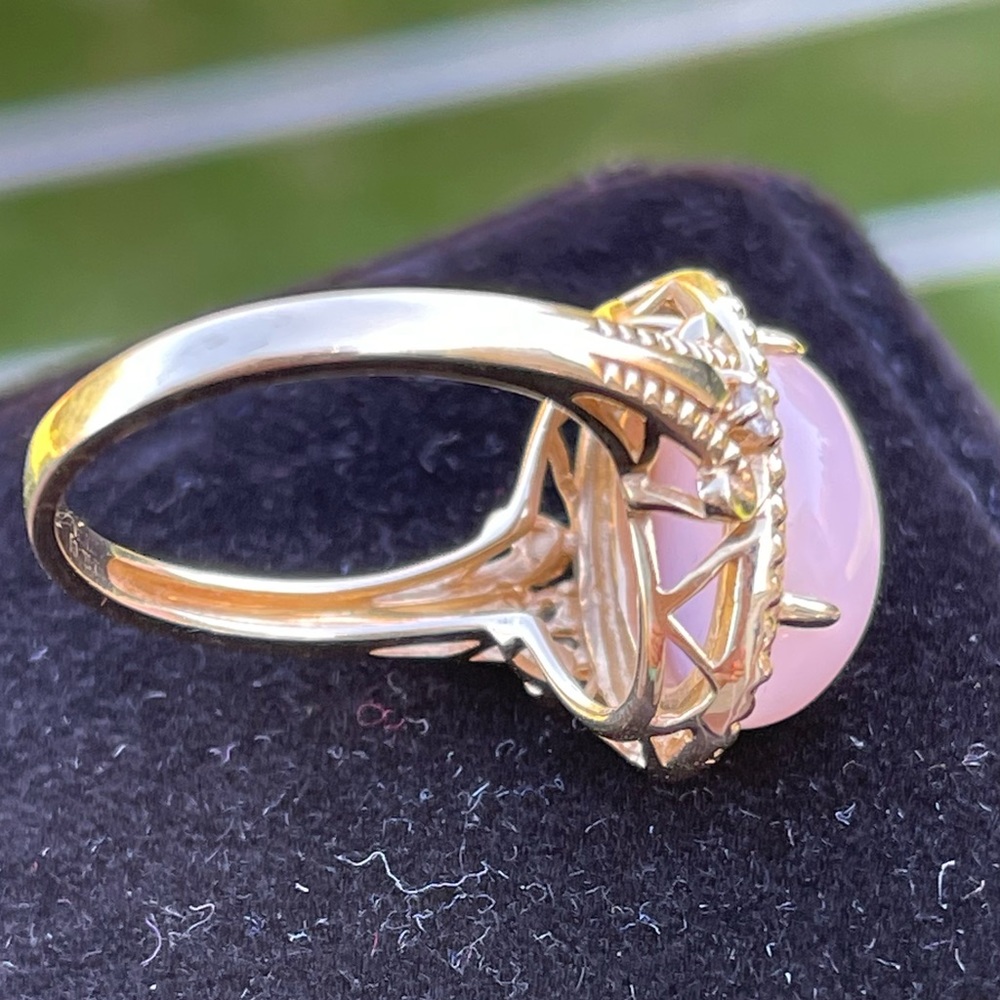 14K Yellow gold natural Oval cabochon Peruvian pink opal & diamonds ring RARE - Picture 13 of 16